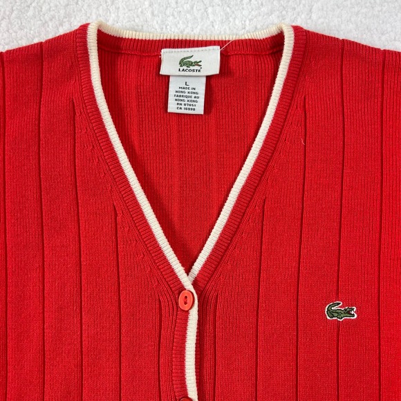 Lacoste Red Ribbed V Neck Short Sleeve Button Up Cardigan Sweater Women's L VTG - Picture 3 of 9